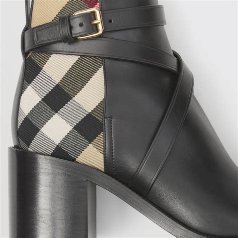 Check and Leather Heel Boots in Black/archive beige